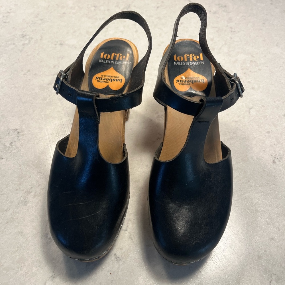 Swedish Hasbeens Black Leather Mules
